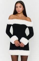 Donna Mini Dress ~ Black Knit with White Faux Fur - Image 4